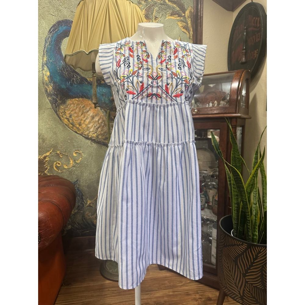 Handmade Coastal Dress Blue White Stripe Cotton Floral - Picture 3 of 12